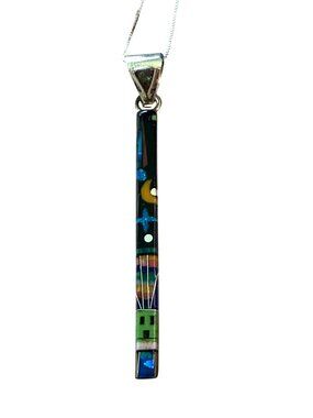 Native American RD Signed Sterling Silver 2-Inch Inlay Pendant Colorful Pattern